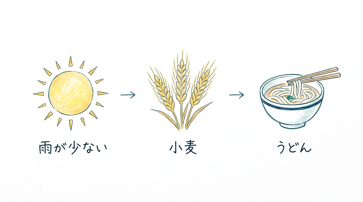 雨が少ない→小麦→うどん、というつながりの図