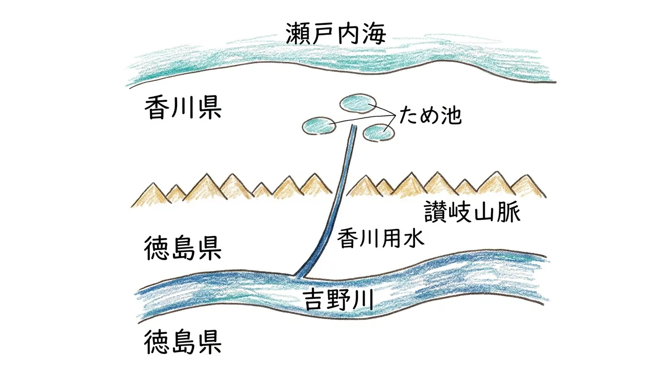 吉野川から香川用水を通ってため池へ水を運ぶ図