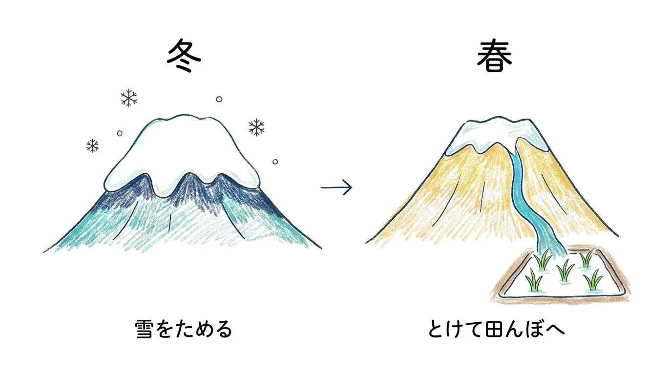 冬に山へ雪をため、春から夏にとけて田んぼへとどく流れの図