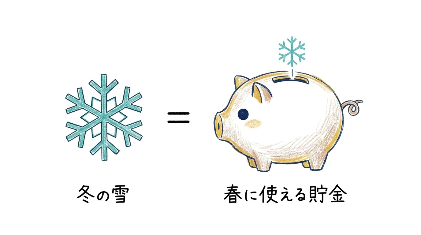 「冬の雪＝春に使える貯金」をあらわす図