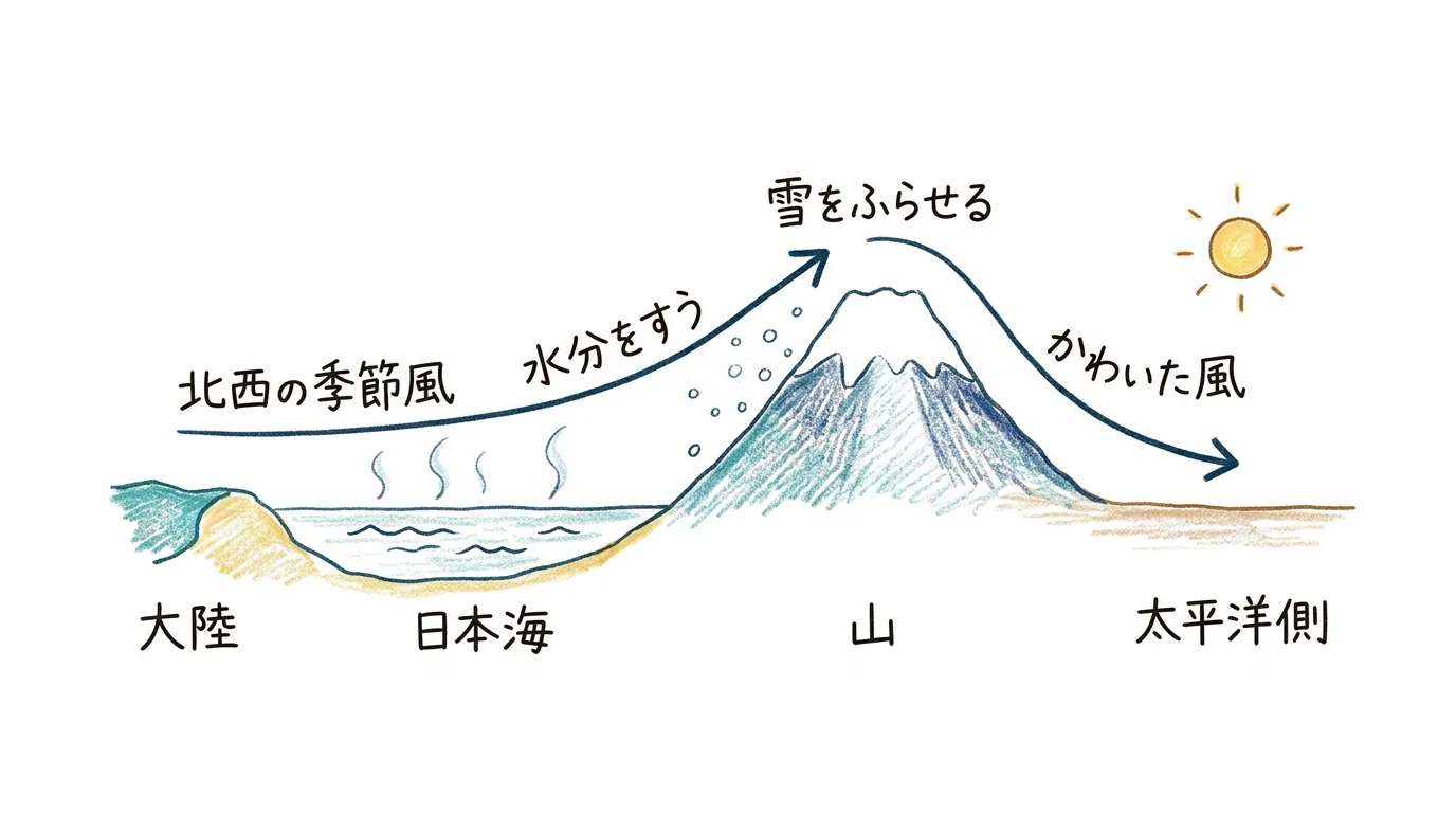 冬の季節風が大陸から日本海をわたり、山にぶつかって雪を降らせ、かわいた風になって太平洋側へふきおりる図